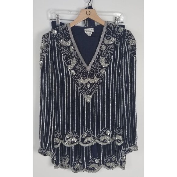 Vintage Judith Ann Creations Sz. S Sequin & Silk 3 Piece Navy & Silver Skirt Set - Picture 1 of 10